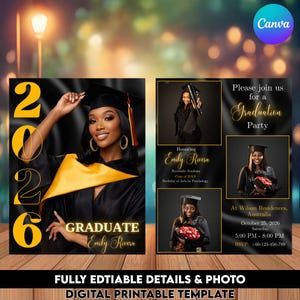 May include: A graduation party invitation template with a black and gold design. The invitation features a photo of the graduate, the year 2026, and details for the party. The text reads "GRADUATE" and "Emily Rivera".