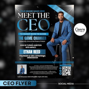 Op de afbeelding: Een promotieflyer met de tekst "Meet the CEO" en "The Game Changer". De flyer toont een man in een blauw pak en bevat de tekst "Ethan Reed, Founder & CEO | Strategic Innovator". Het Canva-logo is zichtbaar.