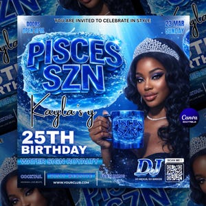 Pisces Birthday Flyer, Pisces Flyer, Birthday flyer, Pisces Bash Flyer, Bday Flyer, Birthday Event, Invitation Flyer, Canva Template
