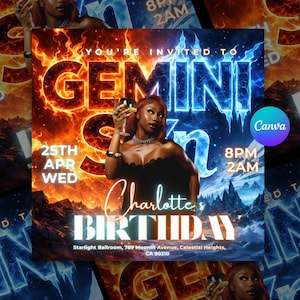 Gemini Editable Birthday Flyer, Gemini flyer Canva template, Birthday Invitation, Gemini Birthday Invite, Digital invitation,instantdownload
