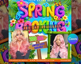 May include: Colorful promotional graphic with the text "SPRING BOOKING ARE NOW AVAILABLE." Features images of women with pink hair, flowers, and butterflies. Includes a sign that says "LIMITED SLOTS AVAILABLE" and the text "20$ DEPOSIT REQUIRED."
