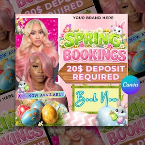 以下が含まれることがあります： ピンクの髪の女性2人をフィーチャーした、緑とピンクの「Spring Bookings」というテキストのプロモーショングラフィック。グラフィックには、イースターエッグ、ウサギ、「20ドルのデポジットが必要」と「今すぐ予約」というテキストが含まれています。