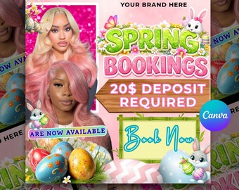 May include: A promotional graphic with the text "Spring Bookings" in green and pink, featuring two women with pink hair. The graphic includes Easter eggs, bunnies, and the text "$20 Deposit Required" and "Book Now."