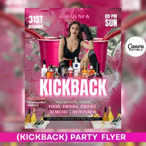 May include: A pink party flyer with the text "KICKBACK" in large letters. The flyer includes the date "31ST DECEMBER" and time "09 PM SUN". It features a woman, bottles of liquor, and dollar bills. The flyer is hosted by The Richmond's Residence.