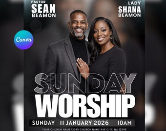 May include: A promotional graphic for a church event. The image features a smiling man and woman, with the words "SUNDAY WORSHIP" in large white letters. The date and time of the event are also displayed, along with the church's name and website.