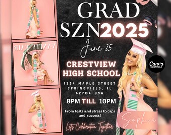 May include: Graduation announcement for Crestview High School's class of 2025, featuring a photo of a graduate in a pink dress and cap. The invitation includes the date, time, and location, with the graduate's name, Sophia, displayed prominently.