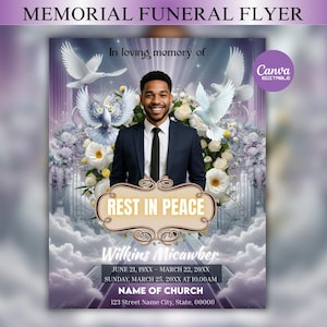 Puede incluir: Folleto funerario conmemorativo con un retrato de una persona con traje, rodeada de palomas, flores y nubes. El folleto incluye el texto "Rest in Peace" y detalles conmemorativos, con el logotipo de Canva.