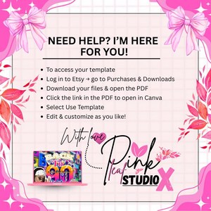 May include: A pink and white graphic with the text "NEED HELP? I'M HERE FOR YOU!" and instructions for accessing a template. The image includes a laptop with "BACK TO 90's" on the screen and the Pink Leaf Studio logo.