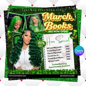Folleto de peluquería para el Día de San Patricio, plantilla de reservas para marzo (Canva editable, descarga instantánea)