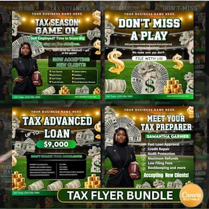 Op de afbeelding: Een bundel belastingflyers met vier ontwerpen. Elke flyer toont een vrouw in een pak met een voetbal. De flyers bevatten tekst zoals "Tax Season Game On" en "Tax Advanced Loan tot $9.000".