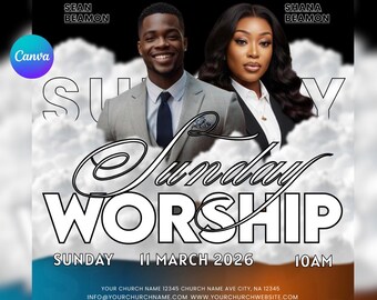 May include: A promotional graphic for a Sunday worship service. It features two people, Pastor Sean Beamon and Lady Shana Beamon, with the words "Sunday Worship" in large, stylized text. The date is March 11, 2026, at 10 AM.