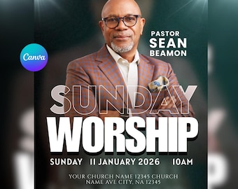 May include: A promotional poster for a church service. The poster features a man in a suit, glasses, and the text "SUNDAY WORSHIP." The date is January 11, 2026, at 10 AM. The church name and address are also included.