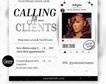 May include: A promotional graphic with the text "CALLING All new CLIENTS" and an Instagram-style image. The graphic promotes a beauty service, with the words "New Year New Look" and "Book Now" visible.