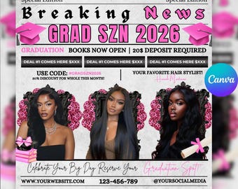May include: A promotional graphic with the headline "Breaking News GRAD SZN 2026" in pink. It features three women, graduation caps, and text promoting graduation services. Includes website, phone number, and social media handle.