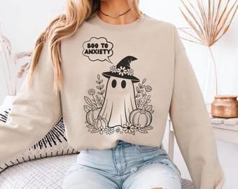 Cute Ghost Halloween Sweatshirt, Mental Health Pullover, Cozy Fall Self-Care Shirt, Anxiety Crewneck