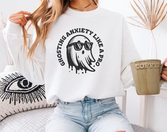Cute Ghost Halloween Pullover, Spooky Season Anxiety Shirt, Unisex Cozy Fall Sweatshirt, Mental Health Crewneck