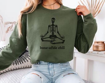Meditating Skeleton Sweatshirt: Bone-afide Chill, Dark Humor Halloween Pullover