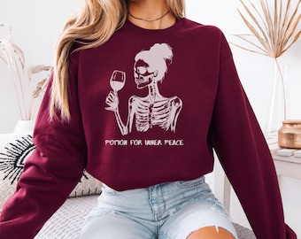 Felpa di Halloween con scheletro di vino, pullover per la stagione spettrale