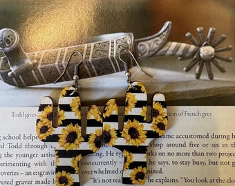 Wooden Cactus Sunflower Dangle Earrings