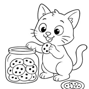 May include: A black and white cartoon illustration of a cat holding a cookie and reaching for more from a jar. A plate of cookies sits nearby. The cat has large eyes and a happy expression.
