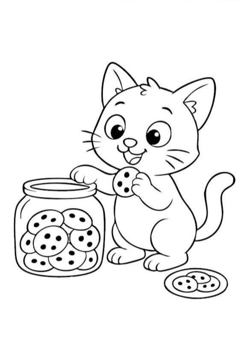 May include: A black and white cartoon illustration of a cat holding a cookie and reaching for more from a jar. A plate of cookies sits nearby. The cat has large eyes and a happy expression.