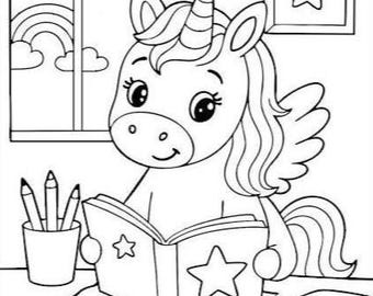 Unicorn Coloring Pages;Printable PDF; Kids Coloring Book; Classic coloring book; Retro coloring fof kids