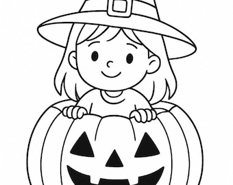May include: Black and white illustration of a child wearing a witch hat, sitting inside a carved pumpkin. The pumpkin has a smiling face with triangular eyes and a wide mouth. The witch hat has a buckle.
