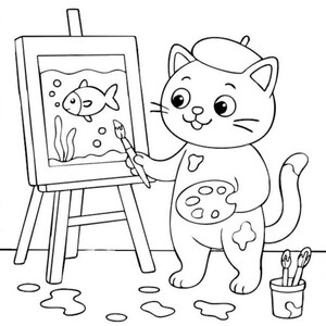 May include: A cartoon illustration of a white cat wearing a beret, painting a picture of a fish in a fishbowl on an easel. The cat holds a paintbrush and a palette with paint. Paint splatters and paintbrushes are also visible.