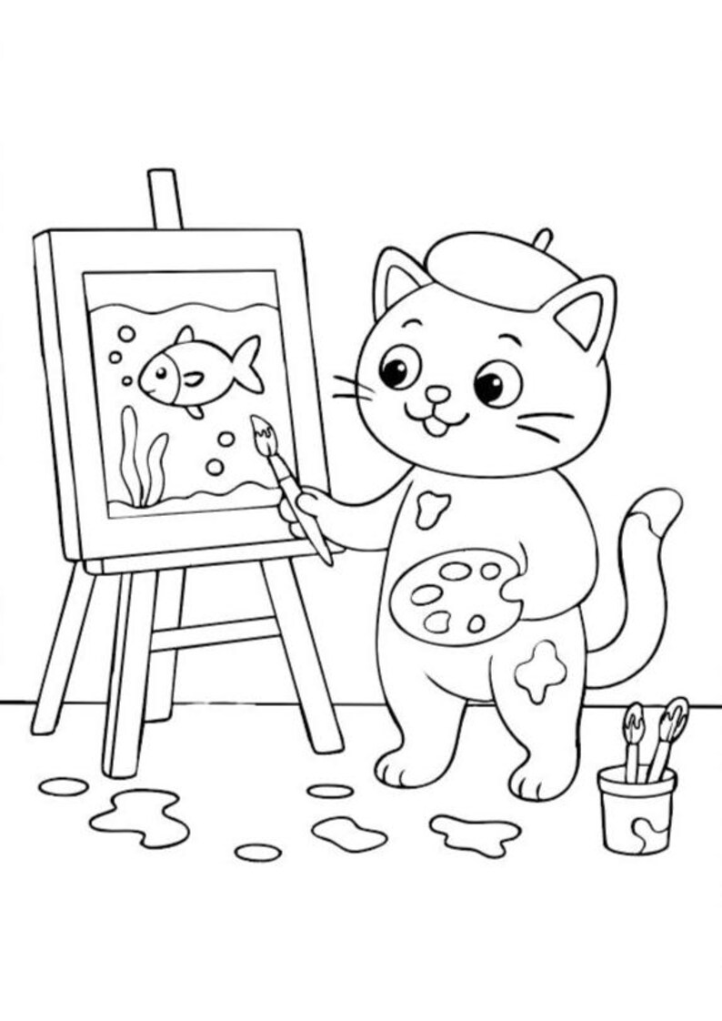May include: A cartoon illustration of a white cat wearing a beret, painting a picture of a fish in a fishbowl on an easel. The cat holds a paintbrush and a palette with paint. Paint splatters and paintbrushes are also visible.