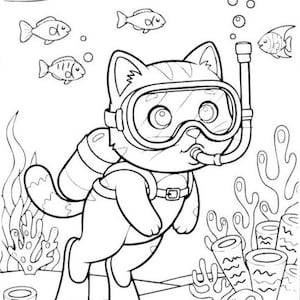 May include: Black and white illustration of a cat scuba diving underwater. The cat wears a diving mask, snorkel, and flippers, surrounded by fish, bubbles, and coral. A fun, cartoon-style image.