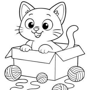 May include: A black and white cartoon illustration of a smiling cat inside a cardboard box. The cat is surrounded by three balls of yarn and loose yarn strands. The cat has large eyes and whiskers.