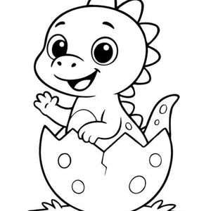 May include: A black and white cartoon illustration of a baby dinosaur hatching from an egg. The dinosaur has large eyes and is waving. The eggshell is cracked and has several circular markings.