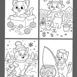 May include: Four-panel coloring book page featuring cartoon cats in various activities. One cat is in a box with yarn balls, another gardening, a third skiing, and the last fishing in a fishbowl. All illustrations are in black and white.