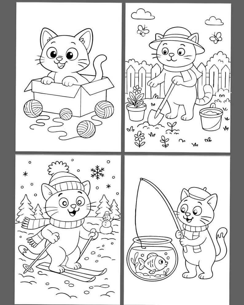 May include: Four-panel coloring book page featuring cartoon cats in various activities. One cat is in a box with yarn balls, another gardening, a third skiing, and the last fishing in a fishbowl. All illustrations are in black and white.