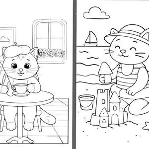 May include: Black and white illustration of two cats. One cat wears a beret and holds a baguette and coffee, with the Eiffel Tower in the background. The other cat is at the beach, building a sandcastle and wearing a hat.