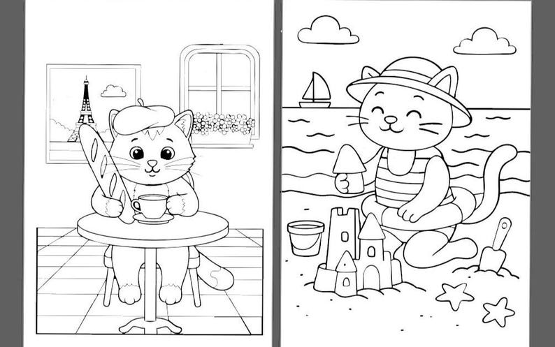 May include: Black and white illustration of two cats. One cat wears a beret and holds a baguette and coffee, with the Eiffel Tower in the background. The other cat is at the beach, building a sandcastle and wearing a hat.