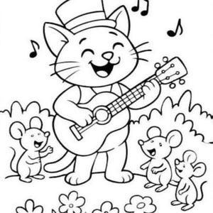 May include: A black and white illustration of a cat wearing a top hat and playing a ukulele. The cat is surrounded by musical notes, flowers, and three mice. The cat is smiling and appears to be singing.