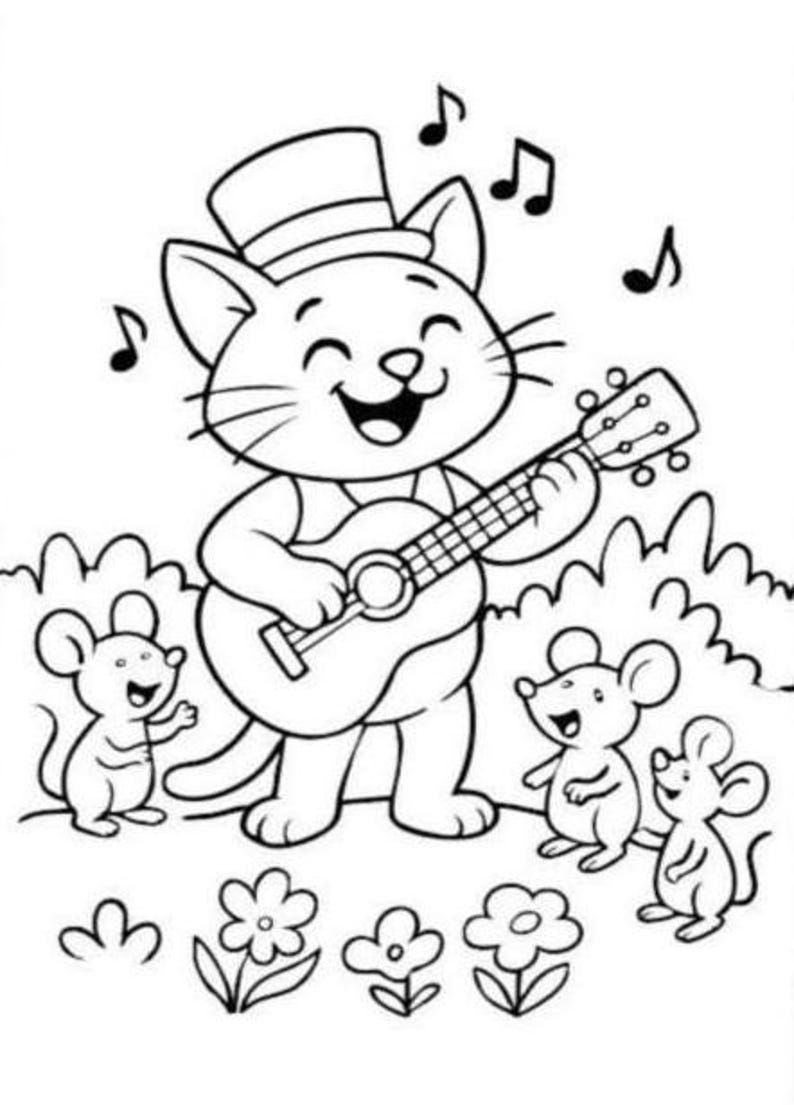 May include: A black and white illustration of a cat wearing a top hat and playing a ukulele. The cat is surrounded by musical notes, flowers, and three mice. The cat is smiling and appears to be singing.