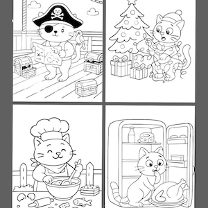 May include: Four black and white illustrations of cats in various scenarios. One cat is dressed as a pirate with a map, another decorates a Christmas tree, a third is a chef, and the last is near a refrigerator with food.