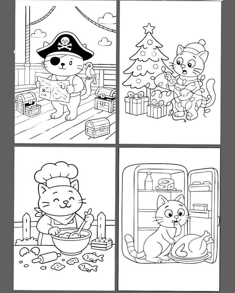 May include: Four black and white illustrations of cats in various scenarios. One cat is dressed as a pirate with a map, another decorates a Christmas tree, a third is a chef, and the last is near a refrigerator with food.