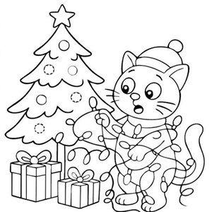 May include: Black and white illustration of a cartoon cat wearing a Santa hat, tangled in Christmas lights. A decorated Christmas tree and wrapped gifts are in the background, creating a festive holiday scene.