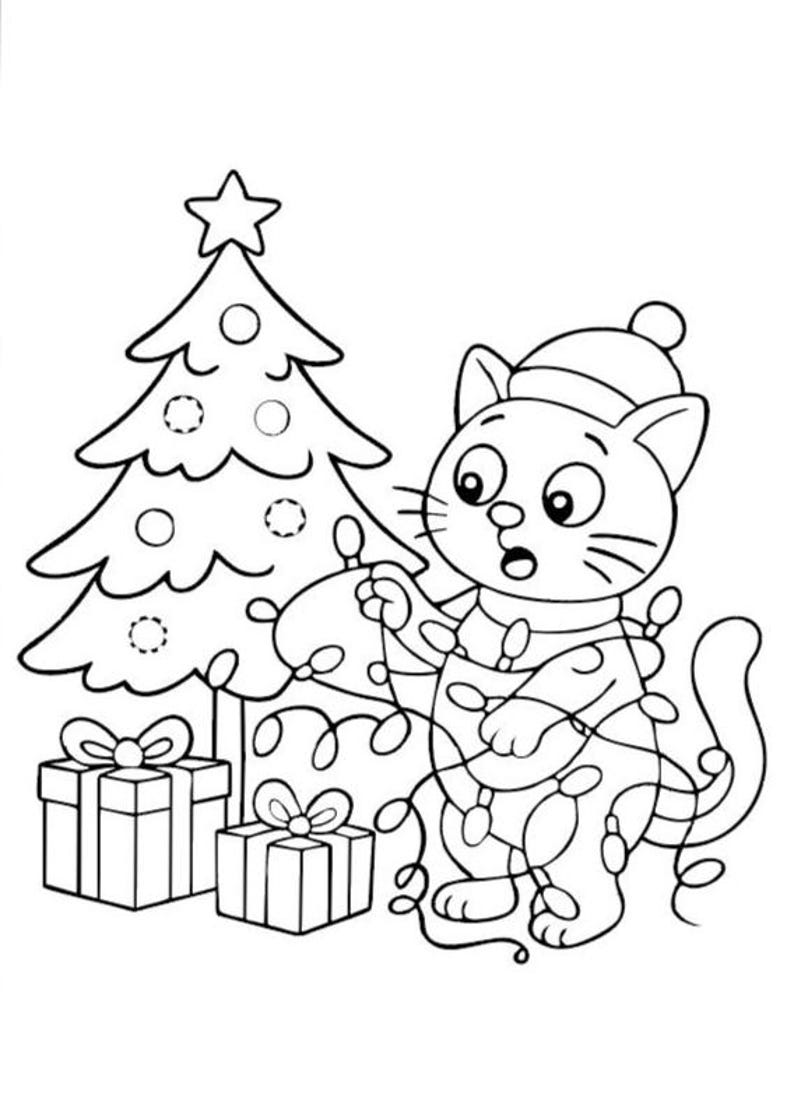 May include: Black and white illustration of a cartoon cat wearing a Santa hat, tangled in Christmas lights. A decorated Christmas tree and wrapped gifts are in the background, creating a festive holiday scene.