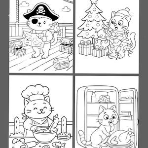May include: Four black and white illustrations of cats in various scenarios. One cat is a pirate with a map, another decorates a Christmas tree, a third cooks, and the last one is near a refrigerator with food.