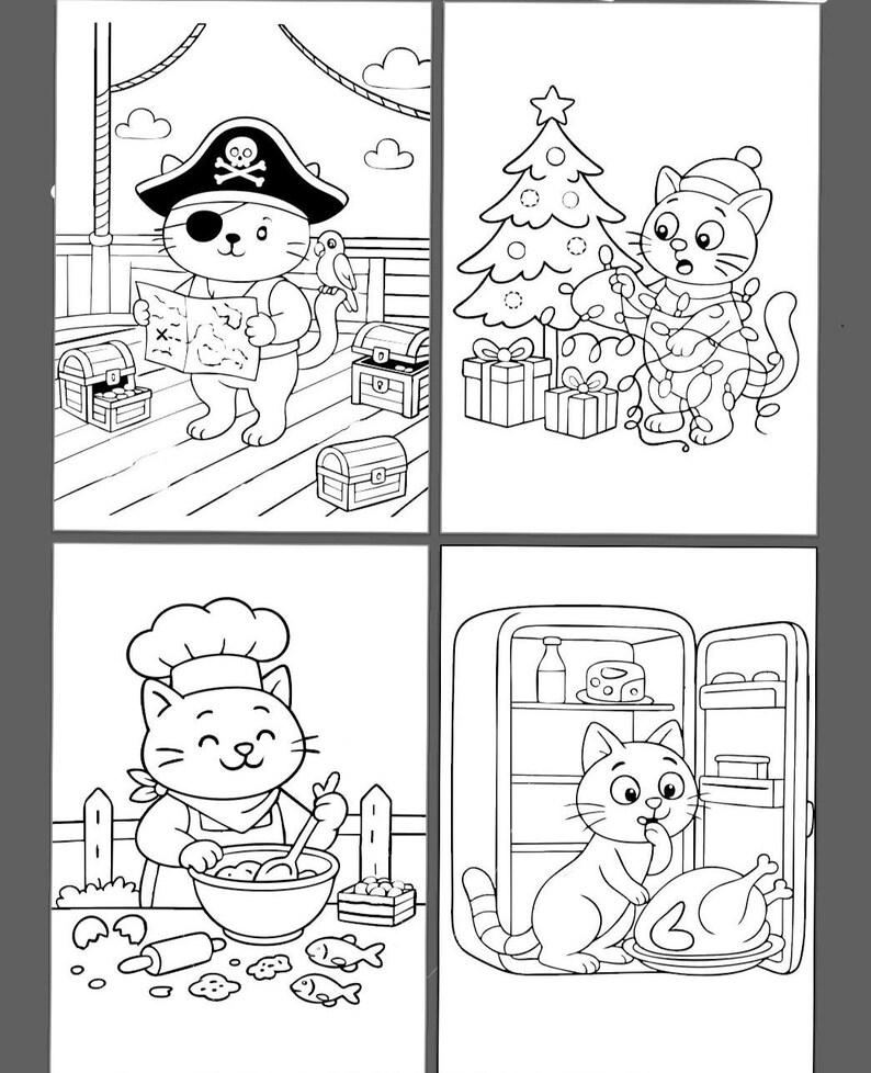 May include: Four black and white illustrations of cats in various scenarios. One cat is a pirate with a map, another decorates a Christmas tree, a third cooks, and the last one is near a refrigerator with food.