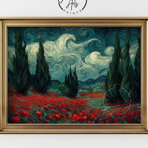 May include: Gold-framed art print depicting a landscape with cypress trees and a field of red flowers beneath a swirling sky. The artwork includes the text "Wander Arts" in the upper left corner.