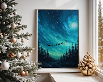 May include: A framed art print depicts Santa's sleigh pulled by reindeer against a teal and blue night sky. The artwork features a full moon, silhouetted trees, and a gold decorative tree on a windowsill next to a decorated Christmas tree.