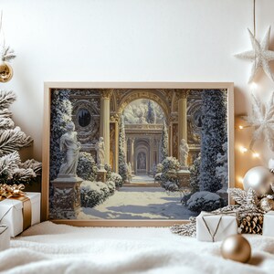 May include: A framed print depicts a snow-covered classical garden scene with statues, columns, and arches. The artwork is in a light wooden frame, surrounded by Christmas decorations, including a tree, ornaments, and wrapped gifts.