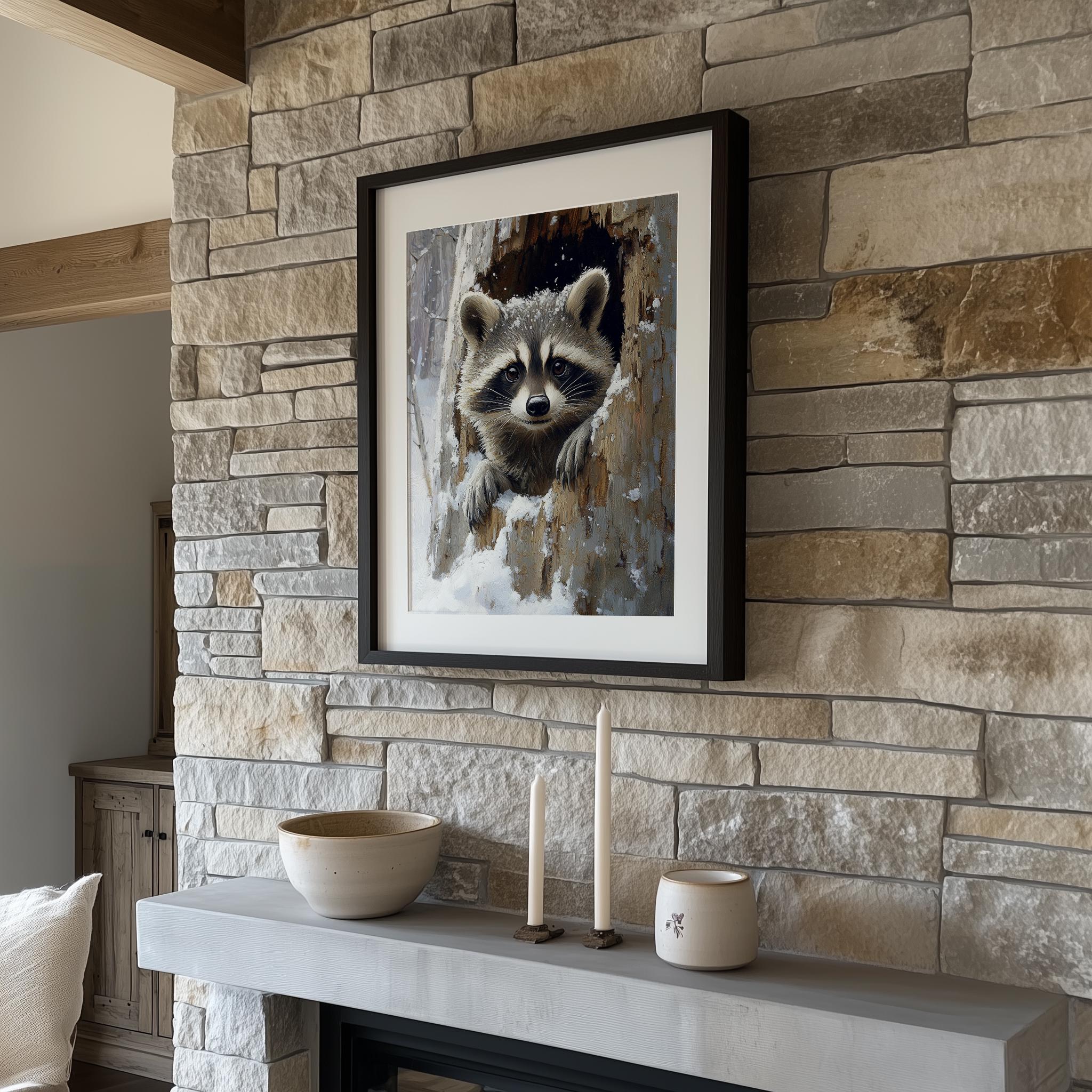 Rustic Raccoon Rustic Raccoon in Hollow Log - Woodland Animal Art Print, Cozy ...