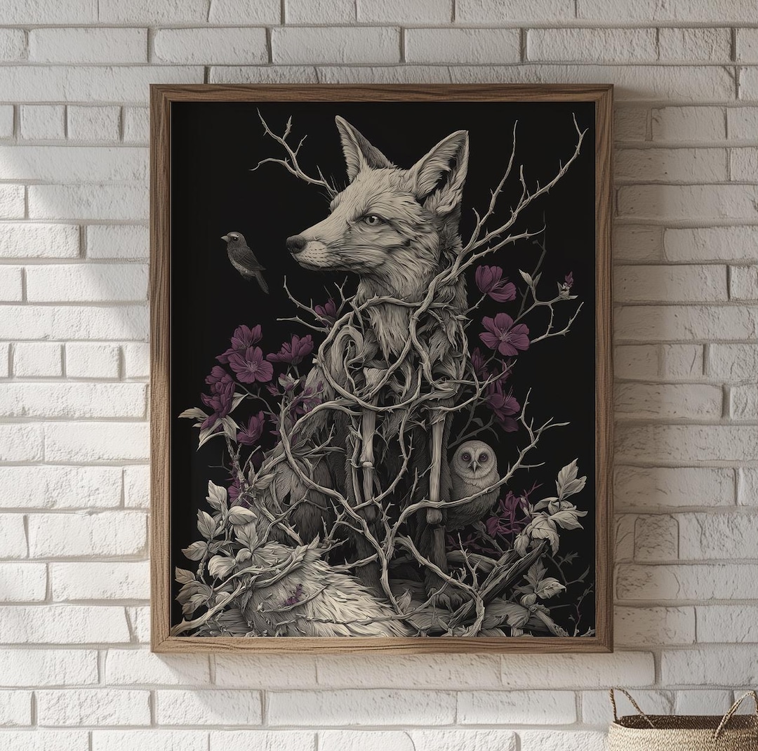 Gothic Fox Fantasy Art Printable, Moody Wall Art With Thorny Brambles ...