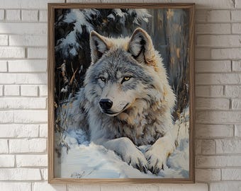 Rustic Winter Wolf Portrait - Moody Woodland Scene, Realistic Wildlife Painting, Snow-Dusted Fur and Pine, Digital Printable Art 964